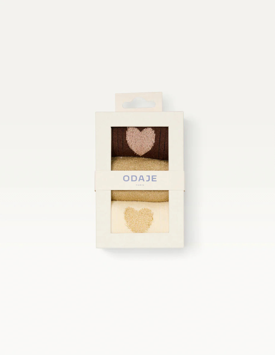 Pack de 3 Chaussettes - Fantaisie coeur marron doré écru - Odaje