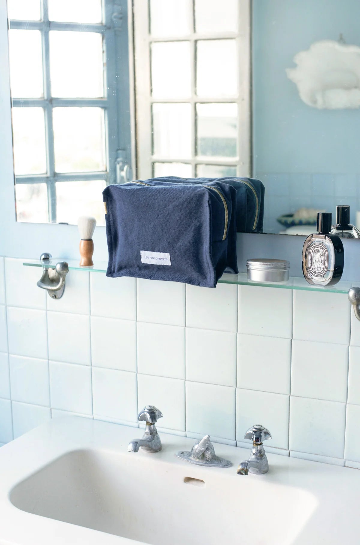 Trousse de toilette - cube - Bleu orage en épaisse toile de coton bio - Les pensionnaires
