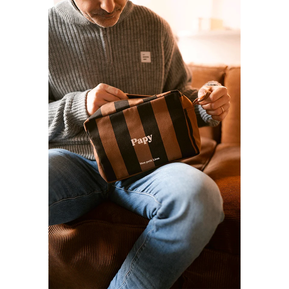 Trousse de toilette - Rayures noires et marrons - Papy - Mon petit Léon