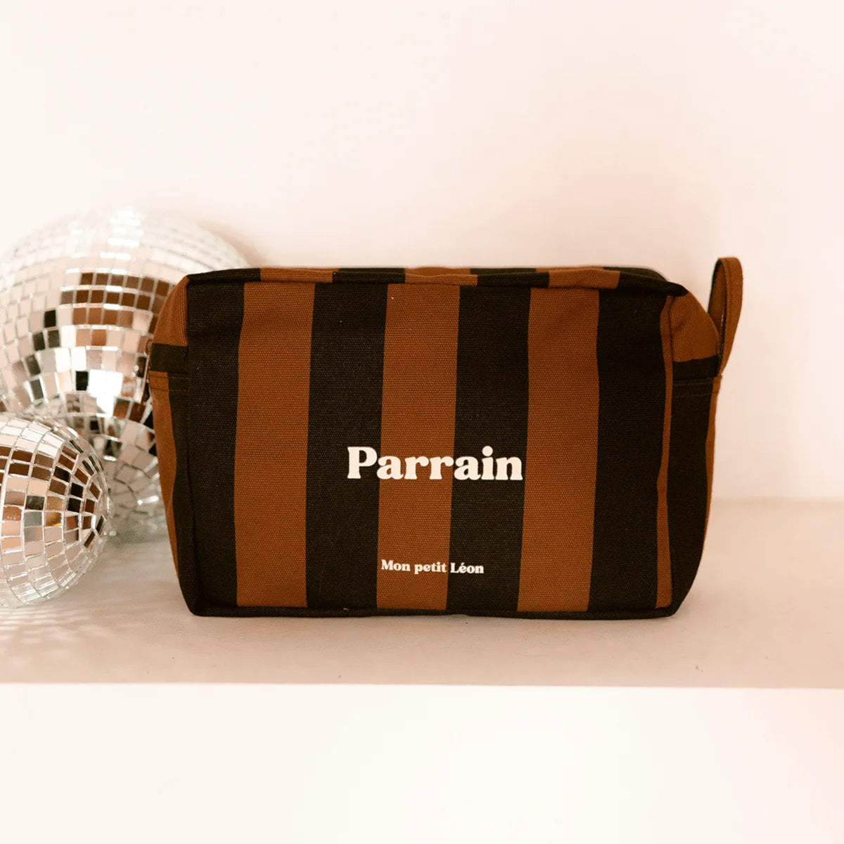 Trousse de toilette - Rayures noires et marrons - Parrain - Mon petit Léon