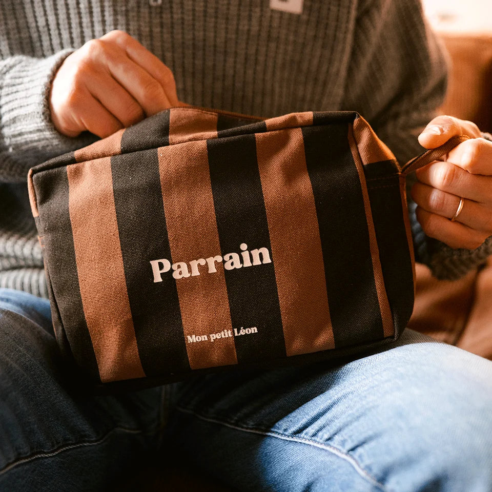 Trousse de toilette - Rayures noires et marrons - Parrain - Mon petit Léon